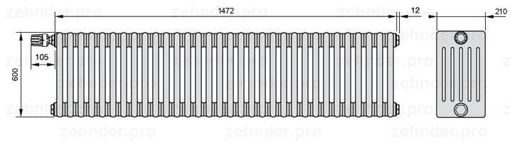 Схема (чертеж) Радиатор Zehnder Charleston 6060/32 №V012 Белый глянцевый RAL 9016